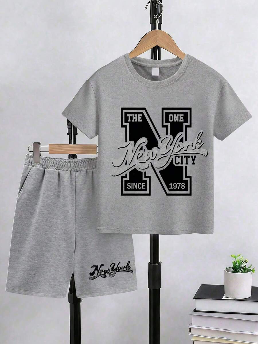 2pcs/Set Teenager Boys' Casual Funny English Letter Print Round Neck Short Sleeve T-Shirt And Shorts Set, Summer - Grey - View 1
