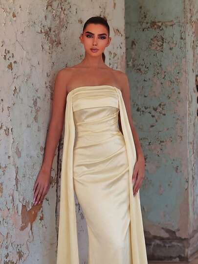 Faeriesty Vestido de satén maxi elegante para mujer, con busto plisado y diseño con lazo en la espalda, adecuado para invitados de boda, cenas formales, galas, bailes, celebraciones de cumpleaños y otras ocasiones de primavera