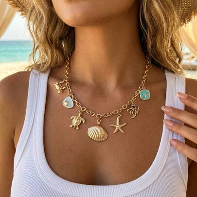 Dây chuyền mặt dây hình vỏ sò và động vật biển phong cách Boho - Trang sức mùa hè thủ công dành cho bãi biển - Dây chuyền mảnh mạ vàng nhiều lớp, thích hợp cho kỳ nghỉ ven biển.