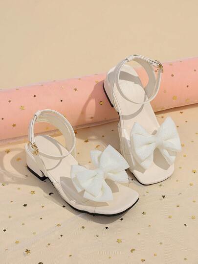 1 Pair Children's Summer High Heel Sandals, Square Toe Transparent Soft PU Strap, Double Bow Decor, Versatile Solid Color High Heels, Suitable For Attending Banquets, Parties, Birthday Parties, Matching Outfits,