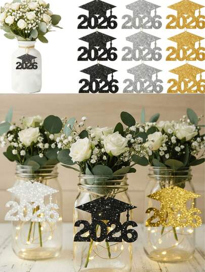 Bộ 12 chiếc/gói trang trí mũ tốt nghiệp lấp lánh năm 2026, thẻ mũ tiến sĩ lấp lánh màu đen cho trang trí tiệc tốt nghiệp năm 2026, nhãn mũ tốt nghiệp sáng bóng, bình hoa giấy nhiều màu sắc trang trí bàn tiệc, lý tưởng cho lễ tốt nghiệp và trang trí tiệc.