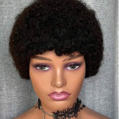 Tóc giả kiểu pixie không cần keo, tóc giả pha trộn, tóc ngắn xoăn xù kiểu Afro dành cho nữ, thích hợp cho người mới bắt đầu, không có ren, màu đen tự nhiên.