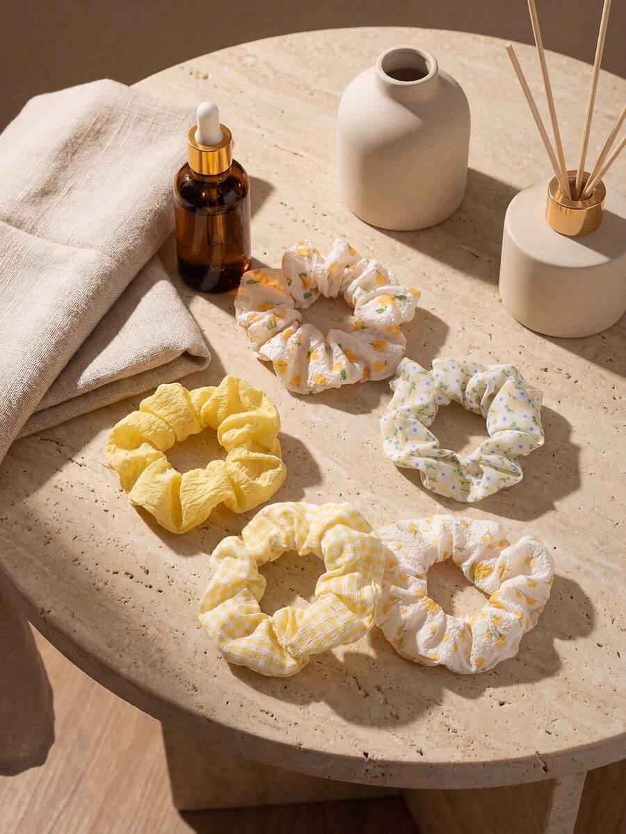 Bộ 5 dây buộc tóc màu vàng ngọt ngào và đáng yêu dành cho bé gái, thích hợp cho cuộc sống hàng ngày và kỳ nghỉ - Màu vàng - Xem 1