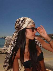 1pc Women's Fashion 90cm Square Scarf, Printed Bandana, Satin Leopard Print Headscarf, Suitable For Daily Wear, Beach Vacation, Party & Festival,Holiday - Brown - View 5
