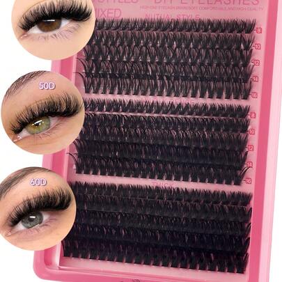 300片D型卷翘8-16mm混合假睫毛，DIY睫毛嫁接，柔软蓬松3D自然妆效，绿色底卡，轻松在家DIY睫毛，40D+50D+60D自然睫毛嫁接簇