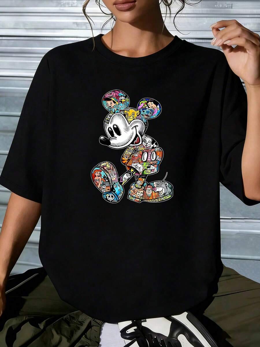 Disney Mickey Mouse Graffiti Collage Graphic T-Shirt, Oversized White TeeCrafted From Soft, Comfortable, And Durable Pure Cotton Fabric, This Round-Neck T-Shirt Is An Ideal Choice For The Spring And Summer Seasons. Suitable For A Wide Range Of Occasions-Including Daily Wear, Shopping, Parties, Travel, And Social Gatherings-It Also Makes For An Exquisite Gift. - 黑色 - 查看 1