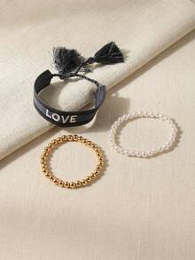 Bộ 3 vòng tay thủ công kiểu dáng nghỉ mát biển màu xanh dương, làm bằng dây bện, thêu chữ và đính ngọc trai giả. - Nhiều màu - Xem 3