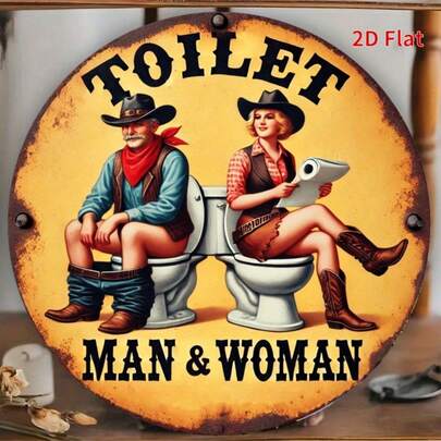 1幅2D平面墙饰 - 8x8英寸复古西部主题“男女皆宜”牛仔和女牛仔插画，适用于酒吧、咖啡馆、办公室和浴室等乡村风格装饰，独特礼品创意，咖啡馆装饰 | 复古西部设计 | 耐用艺术品，西部墙饰，已预钻孔（尺寸如图所示）