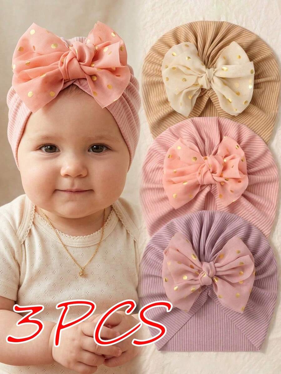Bộ 3 món mũ và băng đô mềm mại, thân thiện với da dành cho trẻ sơ sinh, thích hợp cho mùa xuân sớm, sử dụng hàng ngày trong mọi mùa. - Nhiều màu - Xem 1