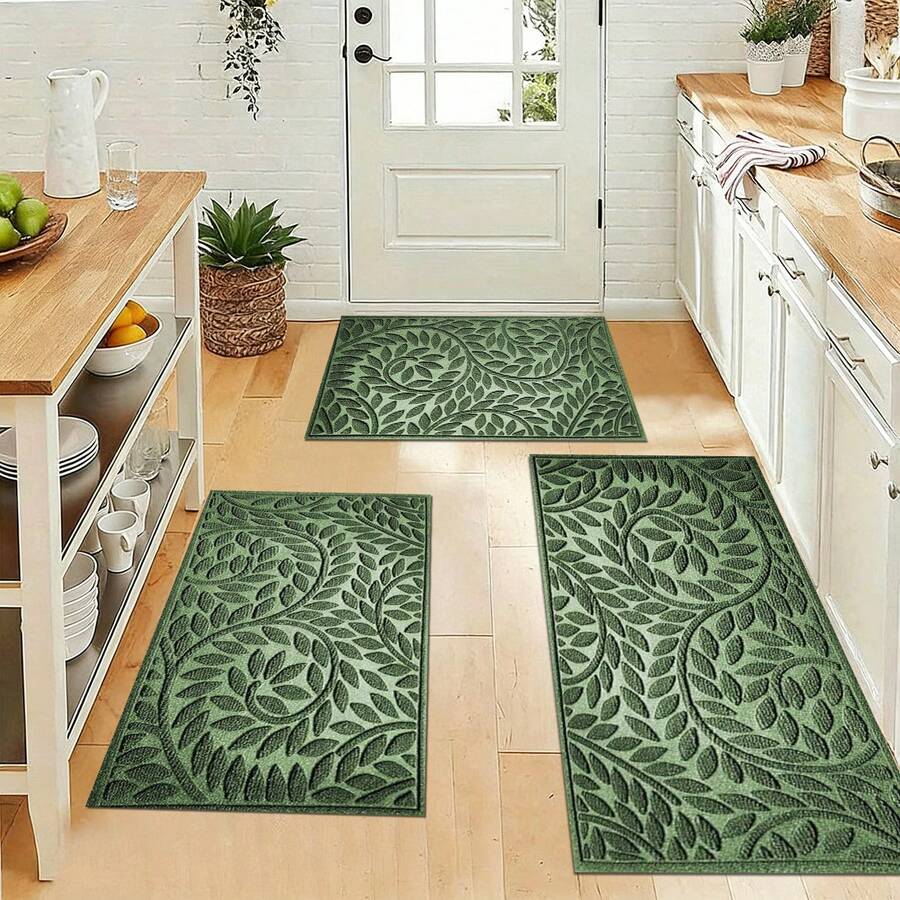 Embossed Green Leaf Non-Slip Washable Floor Mat Set, Boho Textured Botanical Leaf Home Decor Rugs For Kitchen Entryway Bathroom Kitchen Floor Mat Local Printed Entrance Door Mat Bathroom Mat, Kitchen Carpets, Laundry Room Decorations, Balcony - Multicolor - View 1
