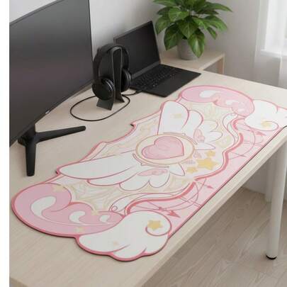 超大号光滑鼠标垫，全桌面覆盖，防水，防滑橡胶底座，织物表面，粉白相间爱心翅膀星形图案，兼容有线和无线鼠标，办公家用皆宜，母亲节理想礼物