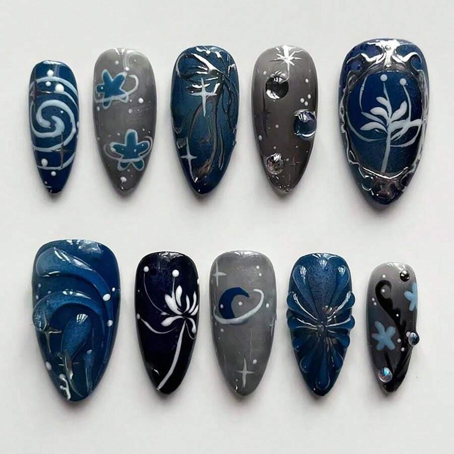 24Pcs Dark Blue Press On Nails Medium Almond Fake Nails With 3D Designs Halloween Acrylic Nails Full Cover Fall False Nail Tips Star Flower Bow Glue On Nails For Women Reusable Nail Kits - 花朵美甲-7 - 查看 1