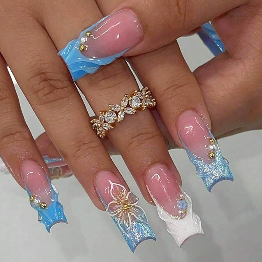 Long Press On Nails Square Fake Nails Blue Glitter French Tip False Nails With Flower Designs Summer Sparkly Full Cover Cute Artificial Nails For Women 24Pcs - Màu xanh lam CQCF01-17 - Xem 1