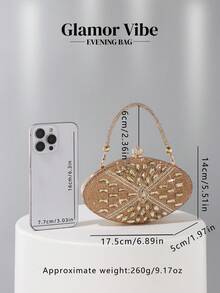 Embrague ovalado con brillantes y cristales - Bolso de mano dorado con asa y correa de cadena, embrague elegante color champán ideal para bodas, fiestas de cóctel y eventos de etiqueta negra - Dorado - Ver 5