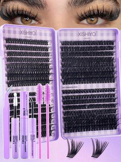 640pcs DIY Lash Extension Kit Wispy Eyelash Extension Kit D Curl Fluffy Lashes Extension Kit Lashes Bond And Seal Tweezers DIY At Home (4Style-8-16mm-Kit)