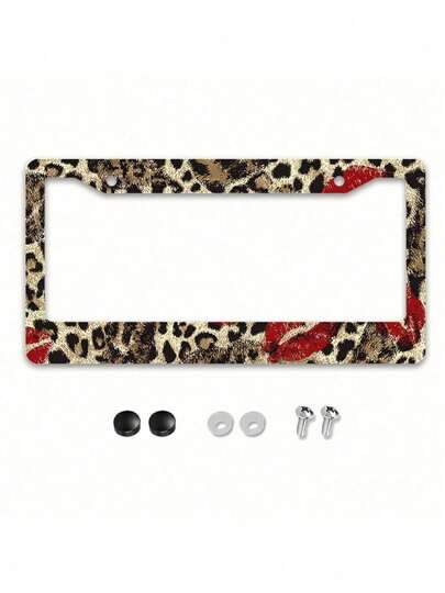 1 Piece 12.2 X 6.3inch , Metal License Plate Frame, Featuring A Fun Leopard Print Design With A Bright Red Lipstick Print As A Highlight, Perfect For Injecting Fashion And Personality Into Your Car,Car Decor,Car,Valentines Gift,Car Acessesories>Essentials,Car Picks.