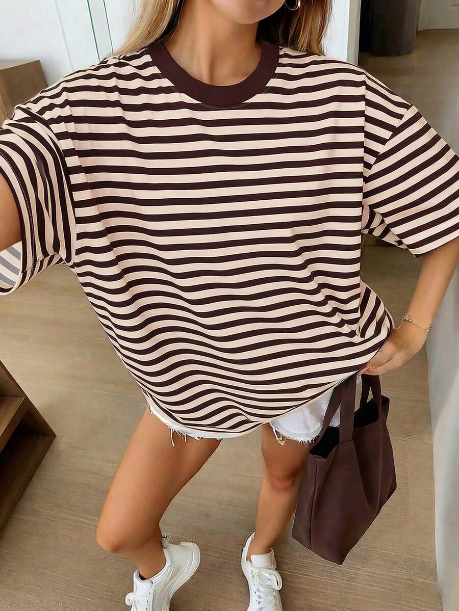 宽松版型短袖T恤，女士夏季休闲度假装 - 棕色 - 查看 1