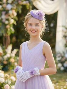 2pcs/Set Purple Tulle Rhinestone Bow Fascinator Hat + Bow Gloves For Girls & Teens, Wedding Photography Props, Party Photobooth Accessories, Wedding Decor - Purple - View 11
