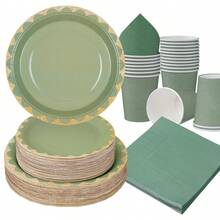 Bộ đồ dùng ăn uống dùng một lần màu xanh lá cây nhạt, viền xanh lá cây, đĩa tiệc 7/9 inch, đĩa giấy, cốc, khăn ăn dùng một lần, thích hợp cho các dịp lễ, đám cưới, lễ đính hôn, sinh nhật, tiệc tùng, lễ kỷ niệm. - Nhiều màu - Xem 5