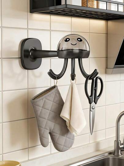 וו מסתובב יצירתי של מדוזות מצוירות, קולב אחסון רב-שיניים דבק, מתאים לחדר אמבטיה ולמטבח