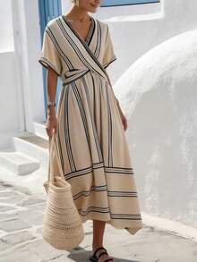 Vestido feminino novo estilo boémio às riscas elegante de verão - Caqui - Ver 1