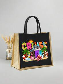 Cruise Theme Linen Canvas Tote Bag And Storage Bag Set, Printed With "Cruise Life" Patterns Of Coconut Tree, Seashell, Dolphin, Starfish, Tote Bag And Cosmetic Bag, Foldable Lightweight Storage Bag, Beach Essential, Large Capacity Linen Shopping Bag, Suitable For Women In Summer - MultiWarna - View 5