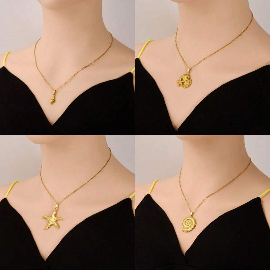 1pc Minimalist Fashionable 304 Stainless Steel Electroplated High-Quality Ocean Animal Pendant Necklace, Gold/Silver Color, Suitable For Women's Daily Wear, Comes With 1.6mm Thick Chain With Seashell & Starfish Decor - S424 - View 1