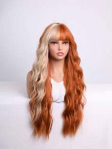 22-Inch Ginger To Golden Yellow Gradient Long Wavy Wig With Bangs | Y2K Dopamine Style Synthetic Hair - Burnt Orange - View 5