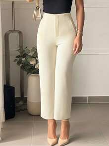 女士优雅白色锥形裤，饰有拉链和纽扣，无弹力，优雅经典的夏季裤装款式，白色七分裤，优雅白色长裤 - 白色 - 查看 4