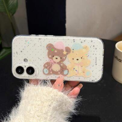 卡通闪光星星白色背景双熊17 Pro Max/16 Pro Max手机壳，可爱时尚，适合女孩，也适用于 15 Pro/14/13的保护壳