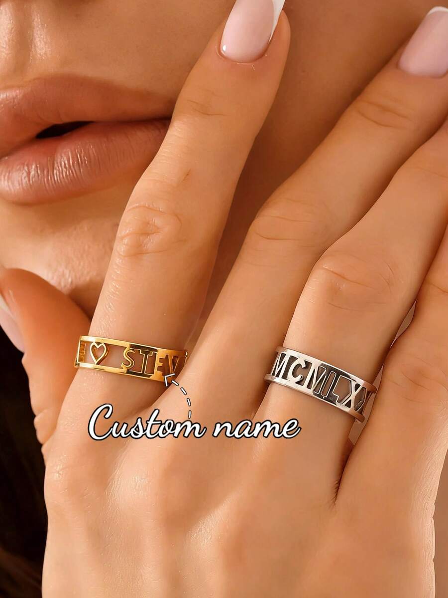 Nhẫn khắc tên theo yêu cầu, trang sức cá nhân hóa, nhẫn thép không gỉ mạ vàng/bạc có thể điều chỉnh kích cỡ, quà tặng cho cặp đôi. - Nhẫn vàng và bạc - Xem 1