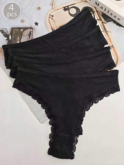 4pcs Women's Black Lace Trim Ribbed Comfortable Solid Color Thong Panties
