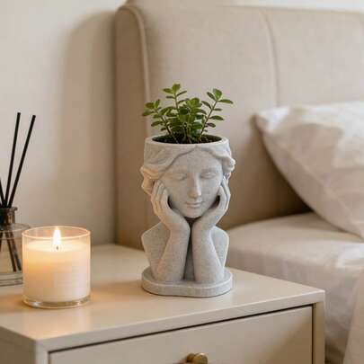 Ins Style Girl Sculpture Flower Pot, Retro Stone Texture Portrait Small Flower Pot, Desk Succulent Planter Storage Container, Niche Art Desktop Decor