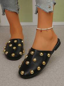 Personalized Metal Rivet Flat Sandals Women, Open Back Mule Shoes, Retro Punk Style Commuting Daily Wear Shoes - Black - View 4