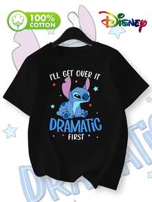 100% Cotton Women's Black Short Sleeve T-Shirt With Disney Stitch Lilo & Stitch Cartoon Print And Humorous White Text "I'LL GET OVER IT... DRAMATIC FIRST", Soft Basic Casual Tee For Everyday Wear, Disney Shirts, Summer Outfits For Women, Spring Outfits For Women, Officially Licensed Disney T-Shirts, Disney Men's And Women's Spring/Summer Fashion Casual Short-Sleeve T-Shirts - Black - View 1