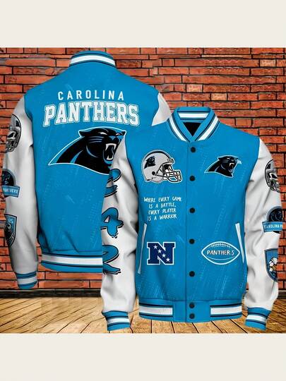 Ca-Rolina Panthers Football Theme Men's And Women's Snap Button Varsity Jacket - Football Graphic Baseball Coat Sporty Style For Fans And Gift Lovers