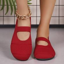 女款網布一腳蹬平底鞋，透氣針織瑪麗珍鞋 - 紅色 - 查看 2