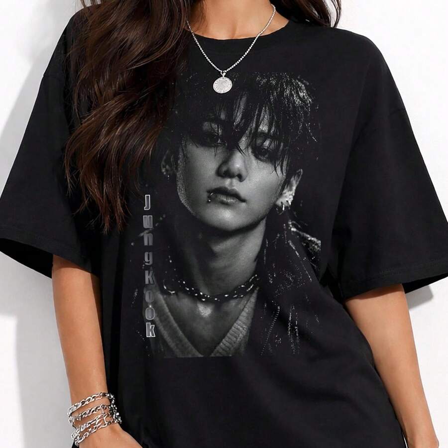 Jungkook ShirtKorean Pop Idol Shirt Jungkook Sweatshirt Unisex T Shirt Music Fan Gift Birthday Gift IdeaKorean Idol Grap - 黑色 - 查看 1