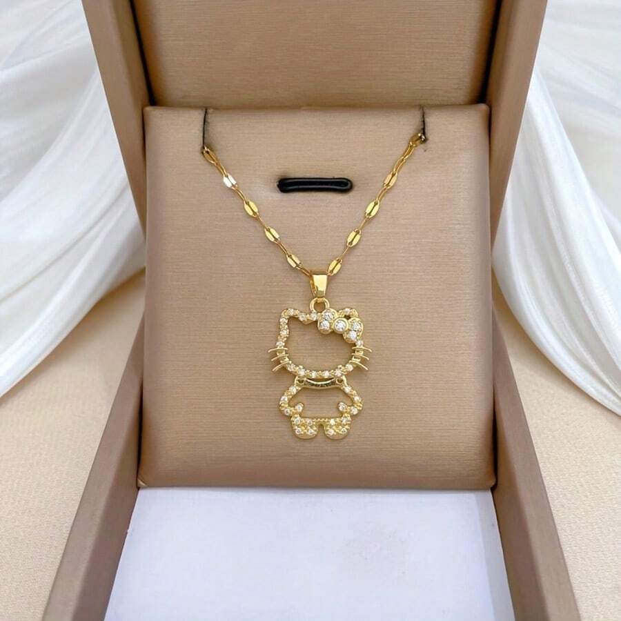 SANRIO 1件Hello Kitty项链 - 可爱卡通创意设计，镀金/镀银闪亮吊坠镶嵌水钻，优雅女士颈链，适合日常佩戴和派对，完美的情人节礼物，猫咪饰品，休闲风格 - 多色 - 查看 1