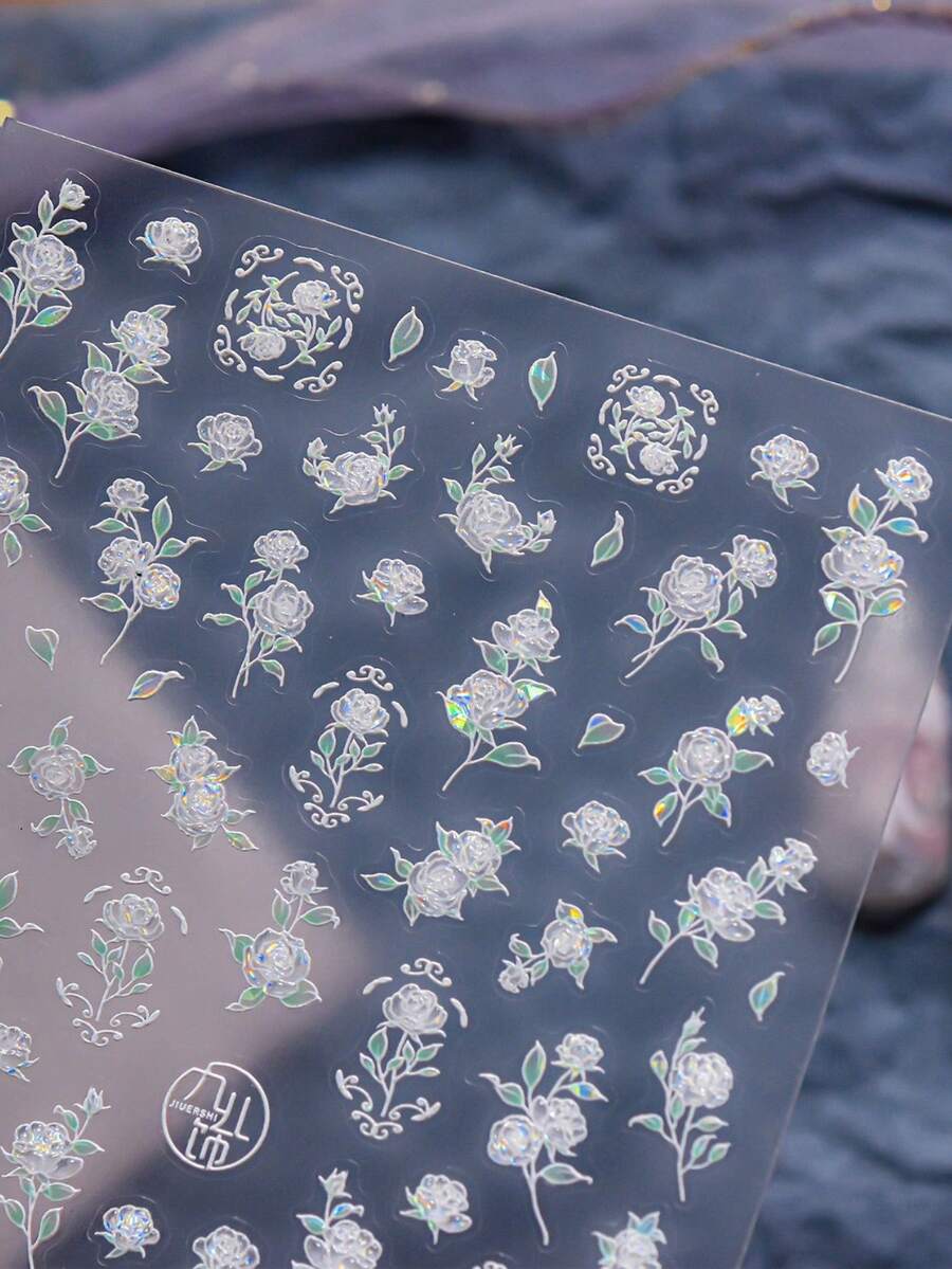 1片月光玫瑰美甲贴纸，银色激光果冻花美甲贴纸，清新美甲装饰贴纸 - 彩色 - 查看 1