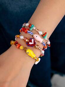 4pcs/Set Glass Beads Bracelets, Boho Handmade Ceramic Fish Bead Bracelets Set For Women, Spring/Summer Jewelry (Note: The Ceramic Fish Beads May Have Air Bubbles And Black Spots, Which Are Normal And Not Quality Issues) - Multicolor - View 7