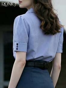 DONICY 女士纯色单排扣休闲百搭日常衬衫 - 藍色 - 查看 2