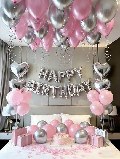 65pcs Pink Birthday Decoration Set | Happy Birthday Banner + Silver Heart Foil Balloons | Pearl Pink + Macaron Pink + Silver Metallic Thickened Latex Balloons | Pink Artificial Flower Petals | Suitable For Women's 18th, 20th, 25th, 30th, 40th Birthday Decoration, Princess Theme Birthday Party Decoration, Wall Backdrop, Anniversary, Adult Gift/Girlfriend Birthday, Birthday Room Decor, Influencer Photo Background