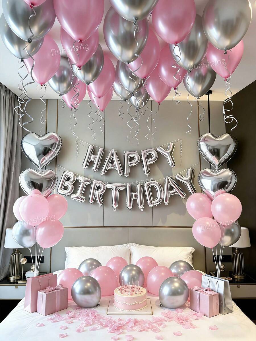 16/60/65件組粉色生日氣球花環套裝-生日快樂橫幅、銀色愛心鋁箔氣球、珍珠粉與馬卡龍色乳膠氣球、人造花瓣,適合18-40歲女性生日、派對、拍照背景、房間裝飾 - 款式一 - 查看 1