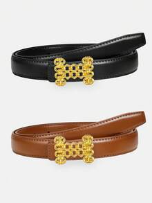 1pc*2pcsElegant Minimalist Women Waist Belt Luxury Gold Letter Smooth Slide Buckle Adjustable Fashion PU Leather Belts For Dresses Pants Daily Party Office Wear - Multicolor - View 8