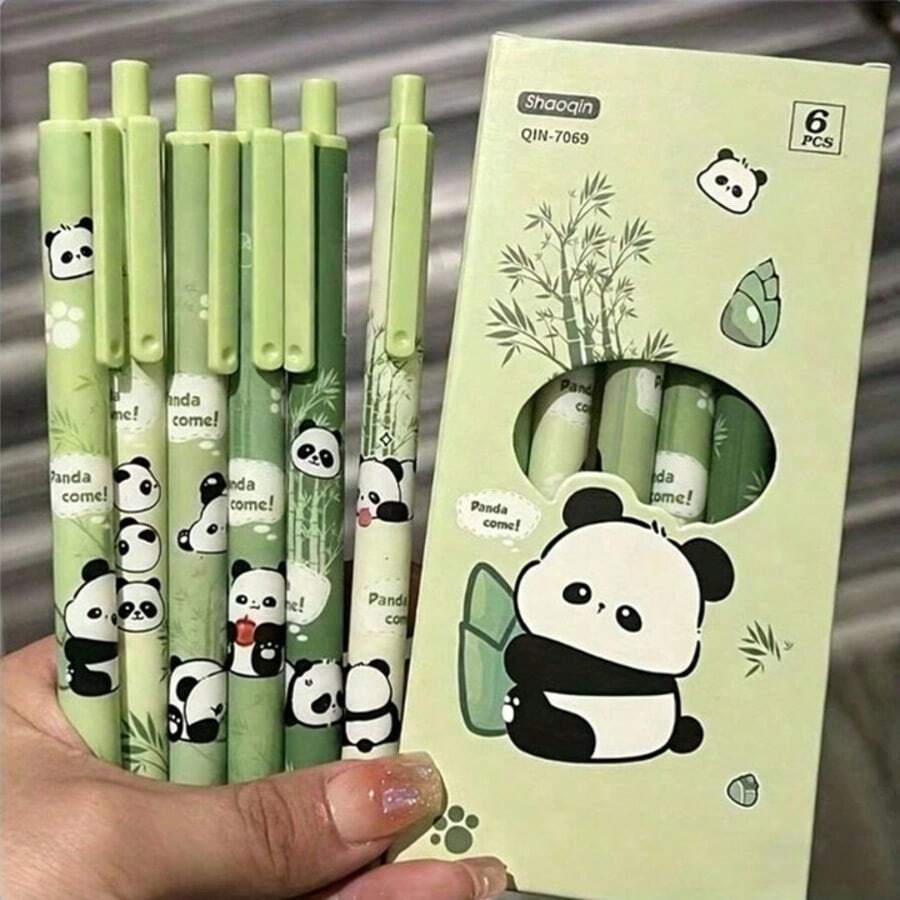 6支装新款熊猫竹子超可爱高性价比按动式凝胶笔，ins风简约毛笔耐用少女签名笔[黑色墨水] - 貓熊筆 - 查看 1