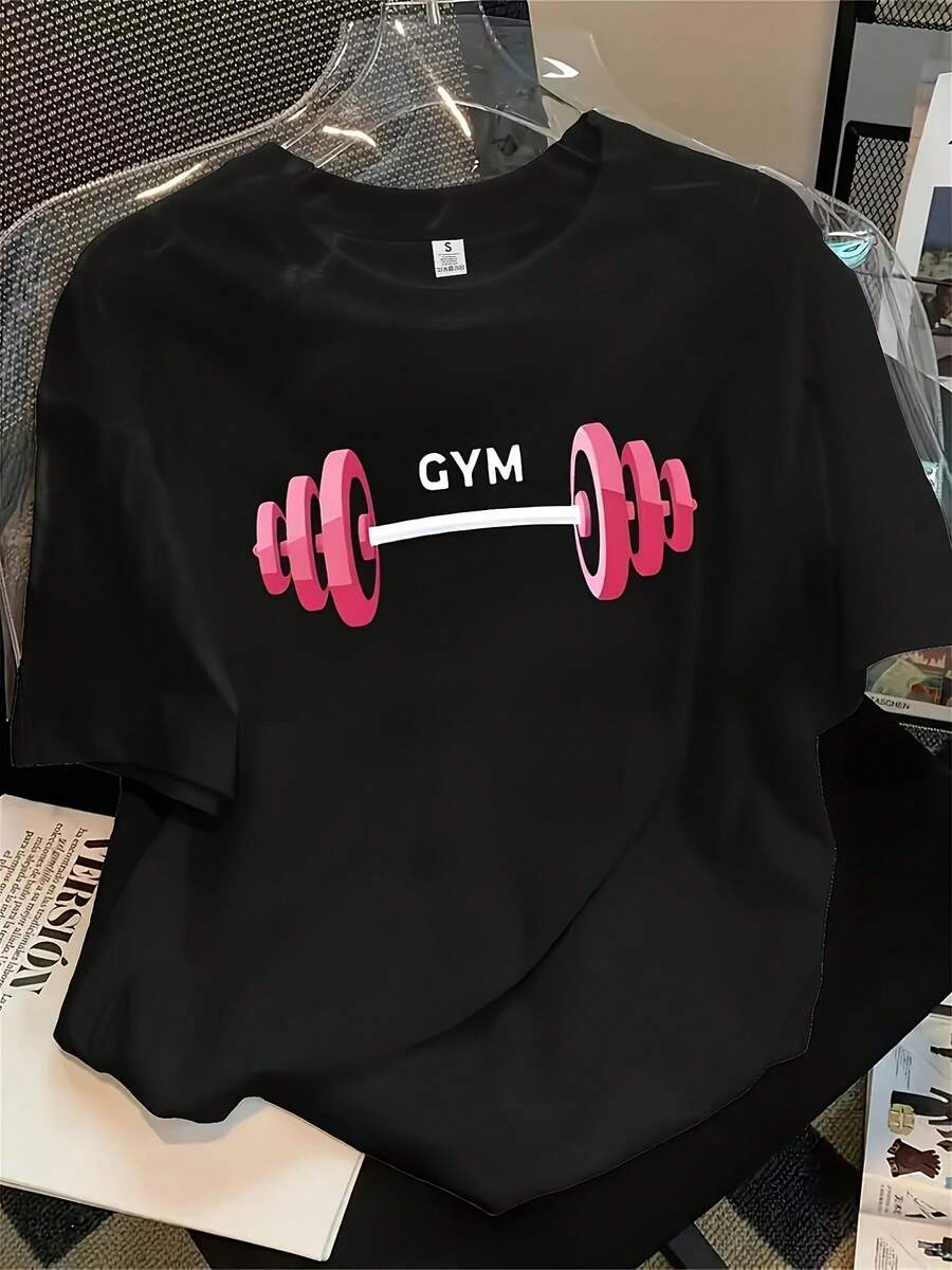 Women'S Gym-Themed Graphic T-Shirt - Soft Breathable Fabric With Pink Dumbbell Print & GYM Lettering, Short Sleeve Crew Neck Workout Top For Gym & Casual Attire, All-Season Casual Fitness Apparel For Women (Black With Pink Design), Wellness Attire, Lifestyle Clothing, Medium Elasticity, Printed Shirt, Ladies Clothing, Trendybhemiset, Lifestyle Wardrobe, Lightweight Construction, Women'S Sh Leggings - màu đen - Xem 1