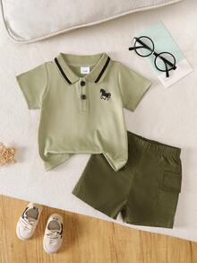 BrownBark Conjunto de 2 peças para bebê menino, estilo casual britânico, camisa polo verde menta com gola bordada com cavalo + bermuda cargo verde militar. Ideal para brincadeiras ao ar livre, escola, férias, estilo elegante e perfeito para momentos de lazer em família, esportes e encontros. - Verde Azeitona - Ver 2