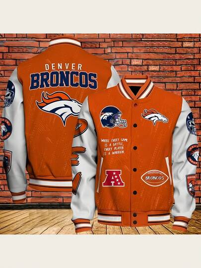 De-Nver Broncos Football Theme Men's And Women's Snap Button Varsity Jacket - Football Graphic Baseball Coat Sporty Style For Fans And Sports Enthusiasts