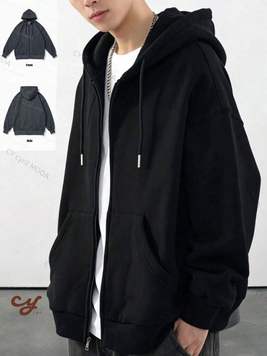 Kangaroo Zip Hoodie Sweatshirt, Comfortable Oversized Unisex Sweatshirt With Pocket And Adjustable Hood - 黑色 - 查看 1